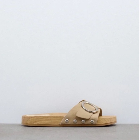 Zara taupe beige real suede leather buckled flat slip-on sandals NWT - Picture 11 of 11